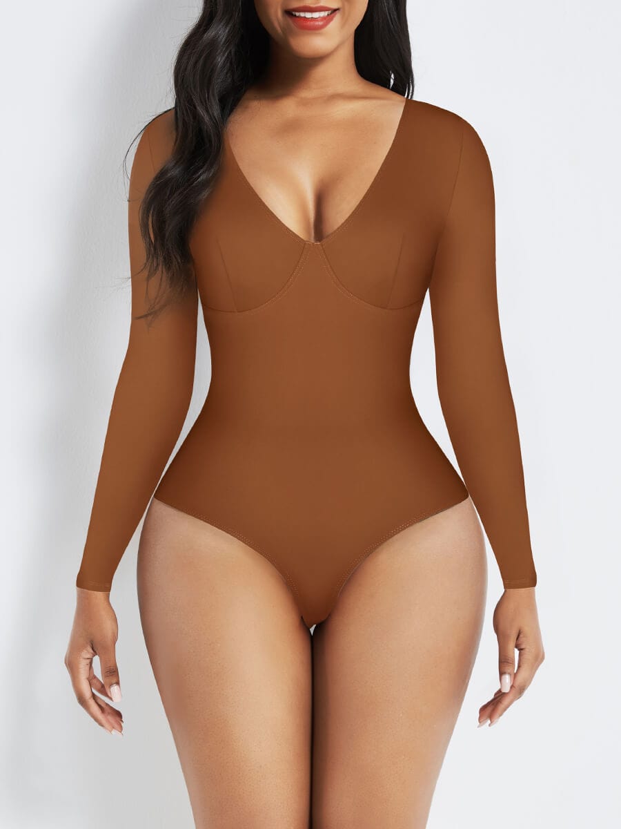 V-Neck Long Sleeve Thong Bodysuit