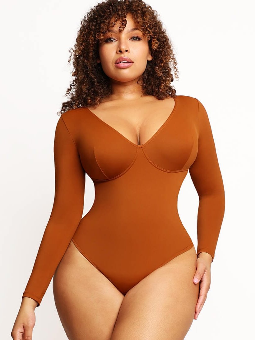 V-Neck Long Sleeve Thong Bodysuit