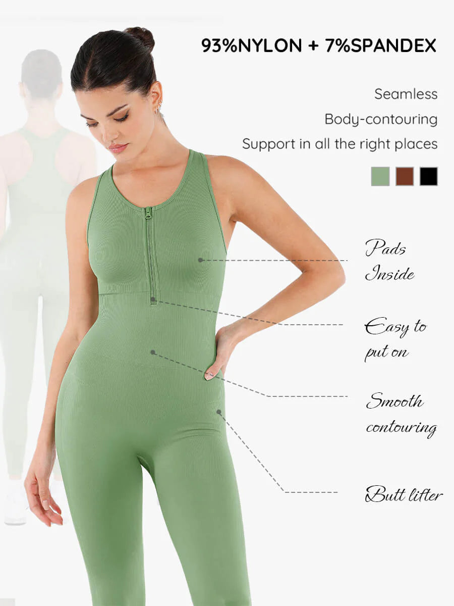 Seamless Zip Front Full-Length Racerback 2-in-1 Sport Shaping Jumpsuit