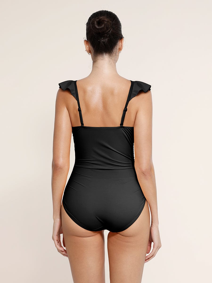 Ruffled V-Neck One-Piece Swimsuit with Tummy Control