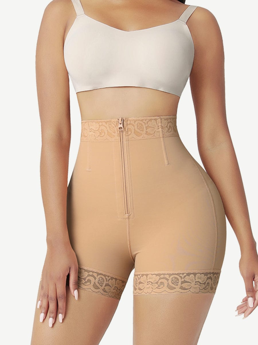 High-Waisted Butt-Lifting Shorts with Front Zipper & Steel Bone Support