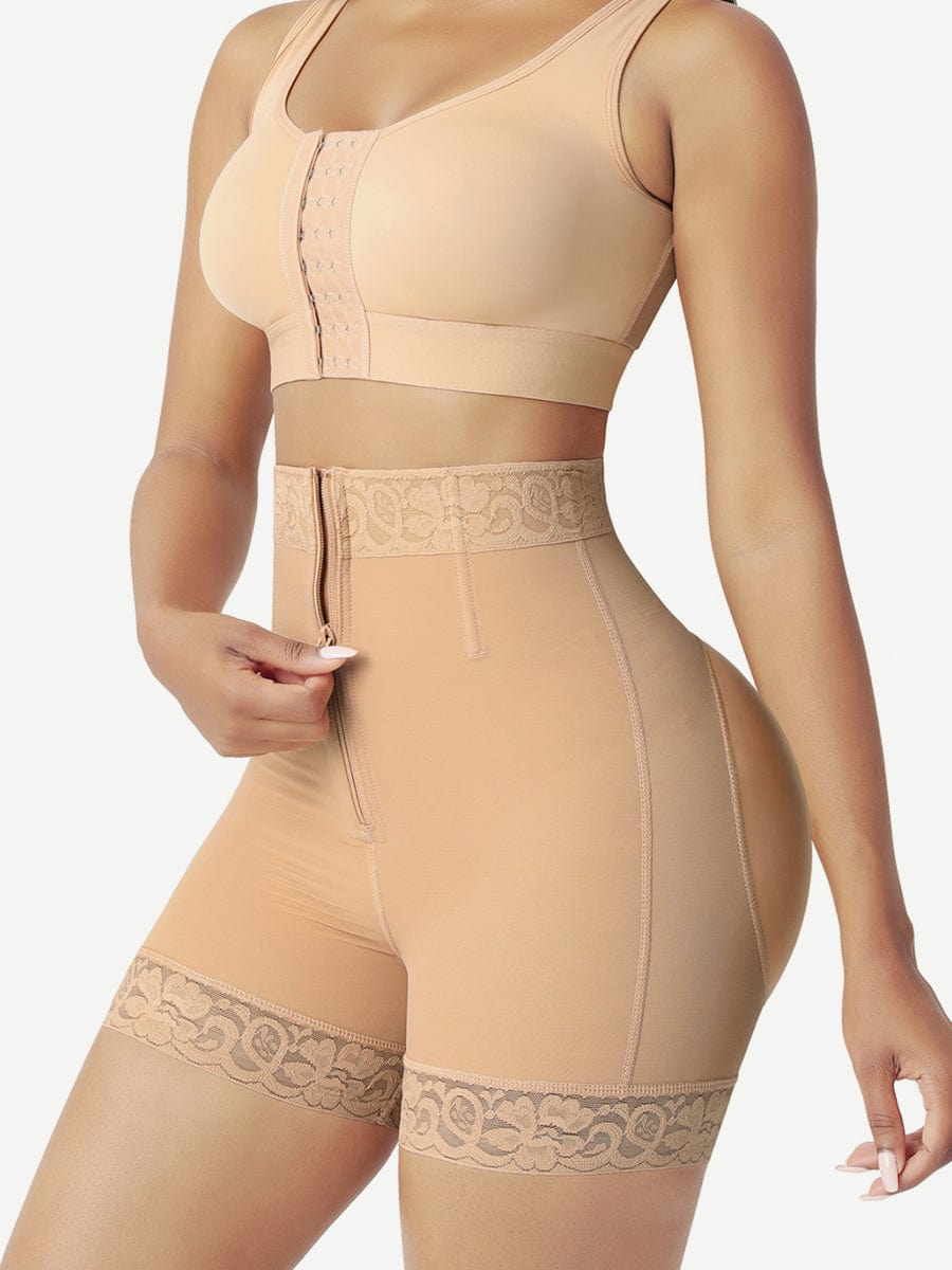 High-Waisted Butt-Lifting Shorts with Front Zipper & Steel Bone Support