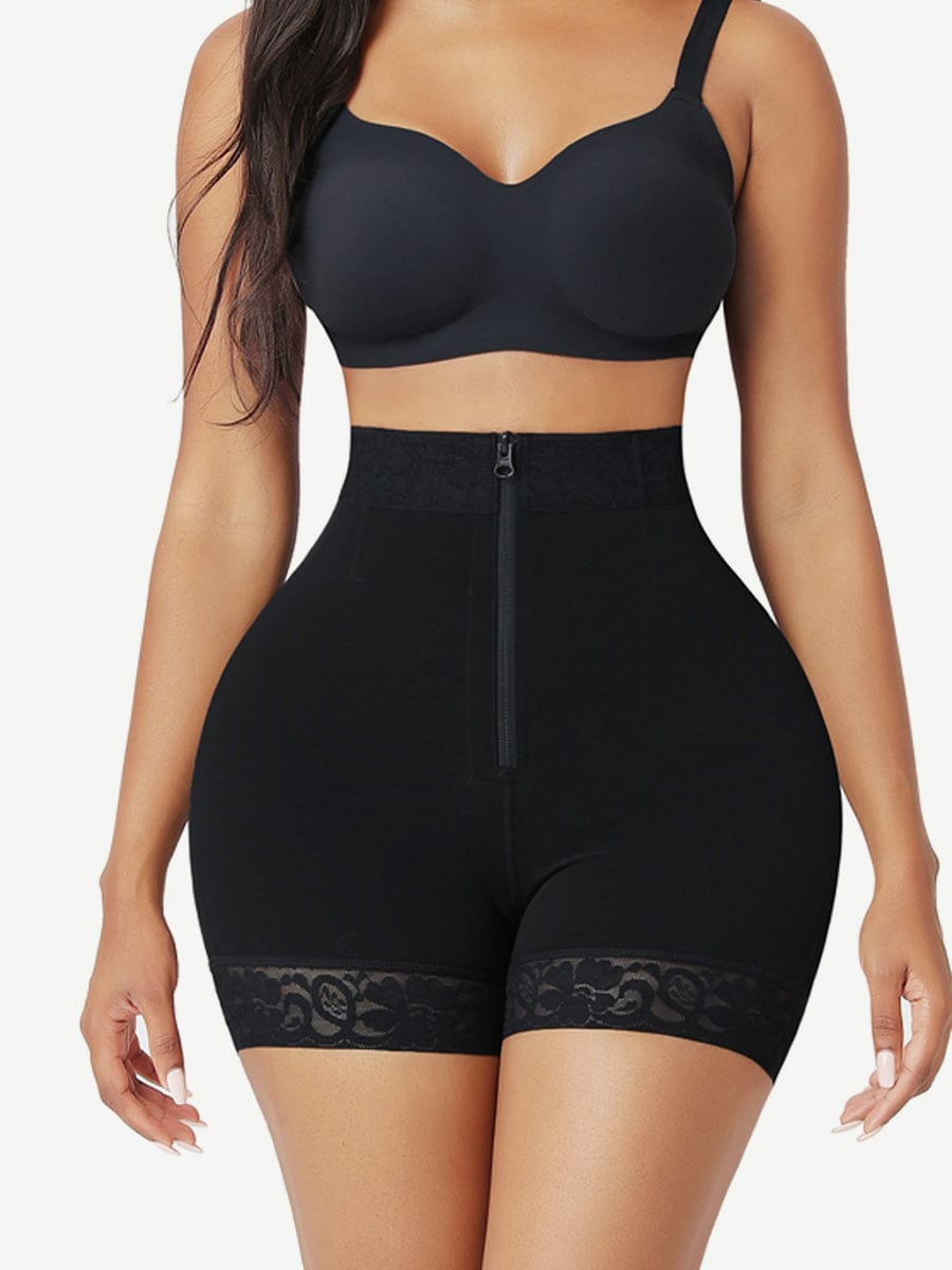 High-Waisted Butt-Lifting Shorts with Front Zipper & Steel Bone Support