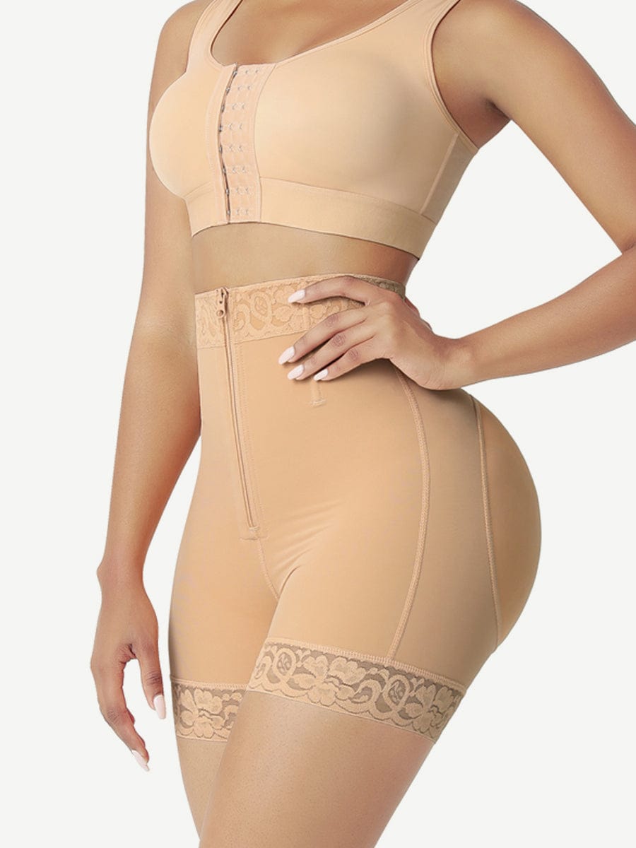 High-Waisted Butt-Lifting Shorts with Front Zipper & Steel Bone Support