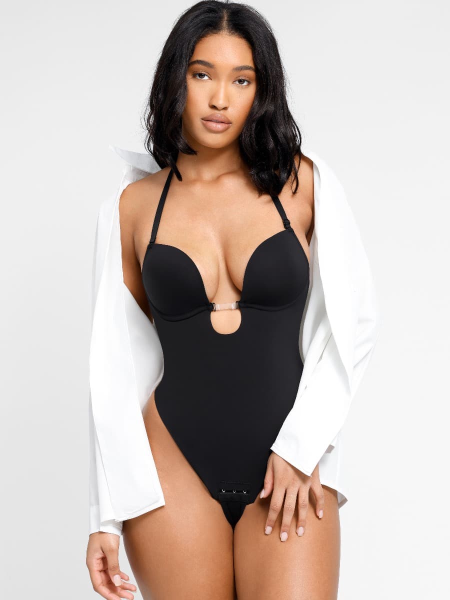 Front Low-Cut, Beauty Back Wedding Thong Bodysuit with Shaping Support