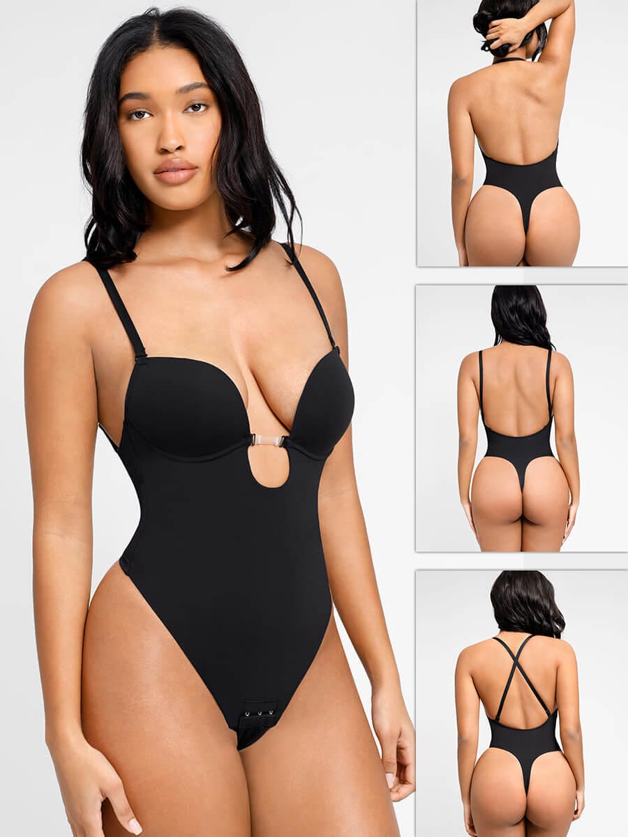 Front Low-Cut, Beauty Back Wedding Thong Bodysuit with Shaping Support