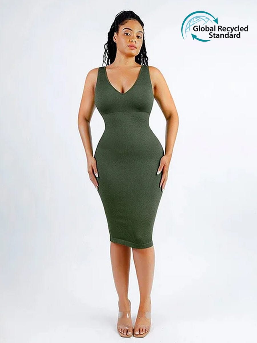 Seamless Deep V-Neck Waist Trimming Shaping Dress with Removable Pads