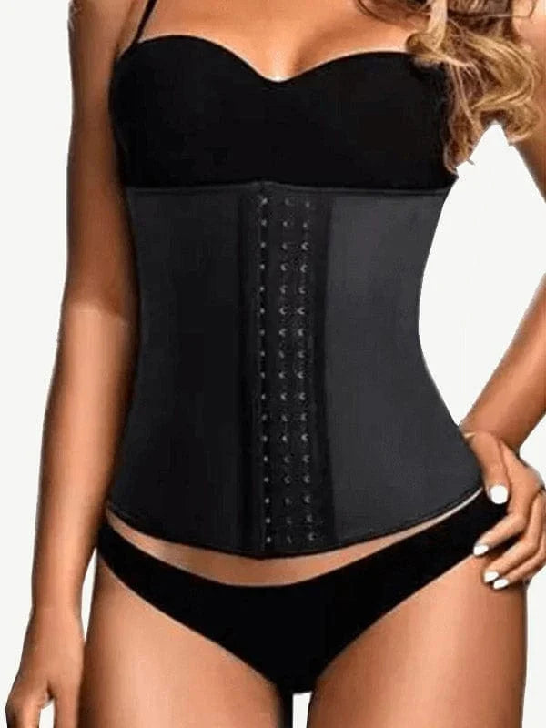 9 Steel Boned Black Latex Waist Cincher Hook-And-Eye Closures Smooth Silhouette